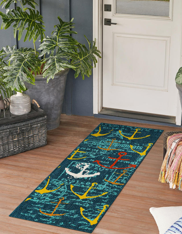 Navy Blue 2' 7 x 10' Outdoor Coastal Runner Area Rug Weather Resistant for Patio, Deck, Terrace, Balcony, Porch 100% Polypropylene Coastal Decor Carpet for Sale at Rug Engine