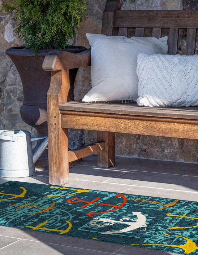 Navy Blue 2' 7 x 12' Outdoor Coastal Runner Area Rug Weather Resistant for Patio, Deck, Terrace, Balcony, Porch 100% Polypropylene Coastal Decor Carpet for Sale at Rug Engine