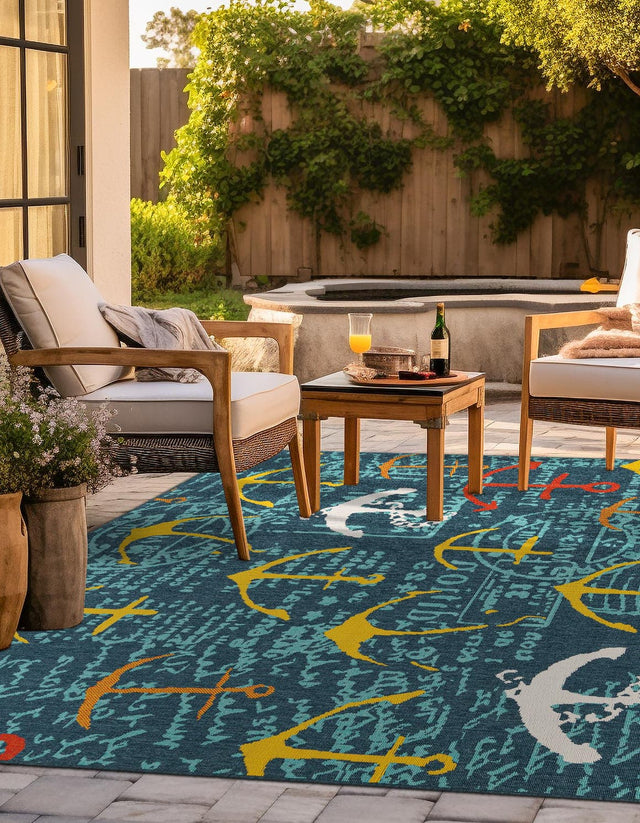 Navy Blue 7' 10 x 7' 10 Outdoor Coastal Square Area Rug Weather Resistant for Patio, Deck, Terrace, Balcony, Porch 100% Polypropylene Coastal Decor Carpet for Sale at Rug Engine