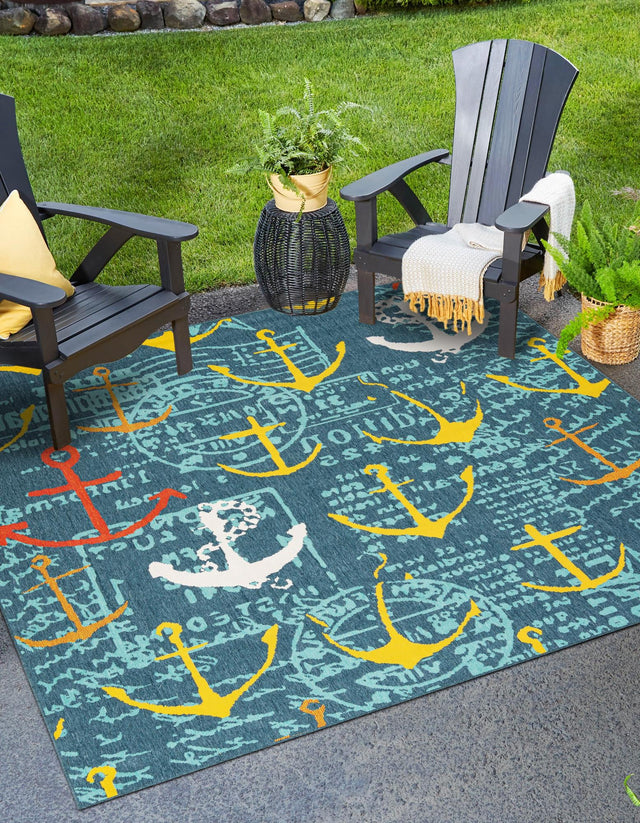 Navy Blue 7' 10 x 7' 10 Outdoor Coastal Square Area Rug Weather Resistant for Patio, Deck, Terrace, Balcony, Porch 100% Polypropylene Coastal Decor Carpet for Sale at Rug Engine