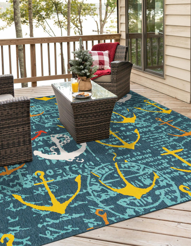 Navy Blue 7' 10 x 7' 10 Outdoor Coastal Square Area Rug Weather Resistant for Patio, Deck, Terrace, Balcony, Porch 100% Polypropylene Coastal Decor Carpet for Sale at Rug Engine