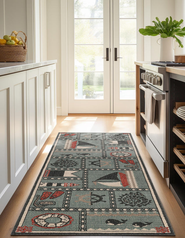 Blue 2' 7 x 10' Outdoor Coastal Runner Area Rug Weather Resistant for Patio, Deck, Terrace, Balcony, Porch 100% Polypropylene Coastal Decor Carpet for Sale at Rug Engine