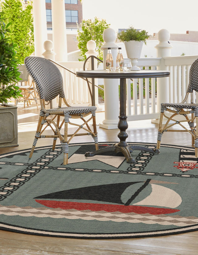 Blue 5' 1 x 5' 1 Outdoor Coastal Round Area Rug Weather Resistant for Patio, Deck, Terrace, Balcony, Porch 100% Polypropylene Coastal Decor Carpet for Sale at Rug Engine