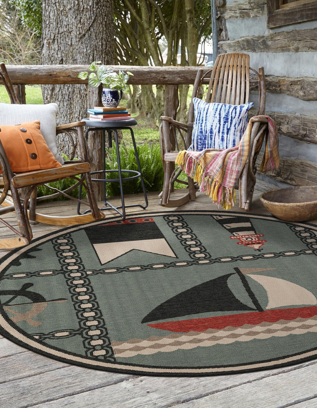 Blue 5' 1 x 5' 1 Outdoor Coastal Round Area Rug Weather Resistant for Patio, Deck, Terrace, Balcony, Porch 100% Polypropylene Coastal Decor Carpet for Sale at Rug Engine