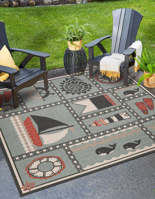Blue 7' 10 x 7' 10 Outdoor Coastal Square Area Rug Weather Resistant for Patio, Deck, Terrace, Balcony, Porch 100% Polypropylene Coastal Decor Carpet for Sale at Rug Engine