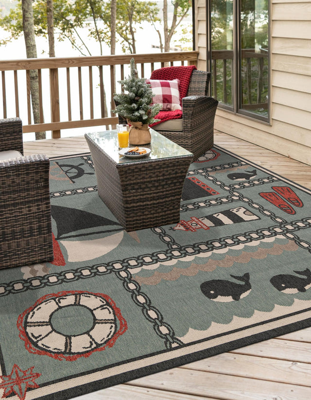 Blue 7' 10 x 7' 10 Outdoor Coastal Square Area Rug Weather Resistant for Patio, Deck, Terrace, Balcony, Porch 100% Polypropylene Coastal Decor Carpet for Sale at Rug Engine