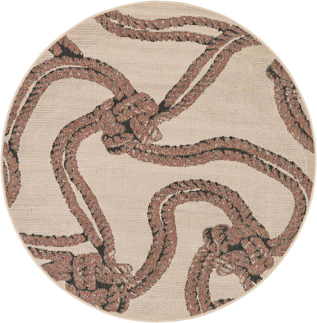 Beige 5' 1 x 5' 1 Outdoor Coastal Round Area Rug Weather Resistant for Patio, Deck, Terrace, Balcony, Porch 100% Polypropylene Coastal Decor Carpet for Sale at Rug Engine