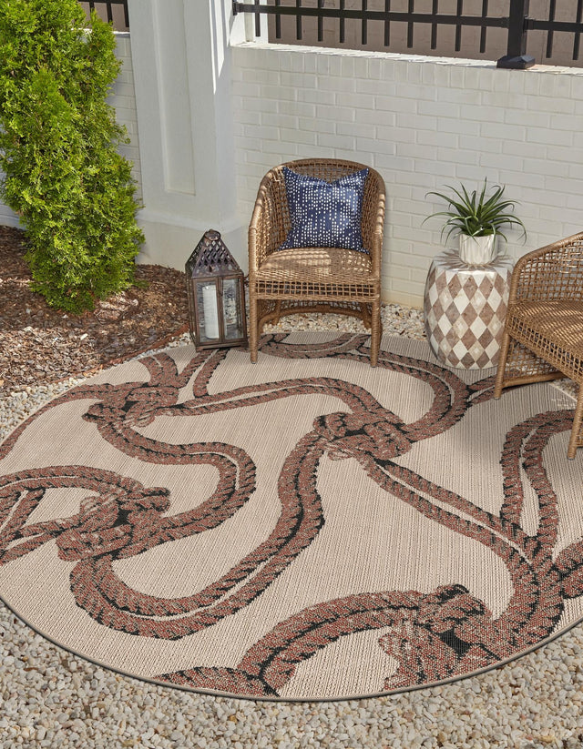 Beige 4' 1 x 4' 1 Outdoor Coastal Round Area Rug Weather Resistant for Patio, Deck, Terrace, Balcony, Porch 100% Polypropylene Coastal Decor Carpet for Sale at Rug Engine