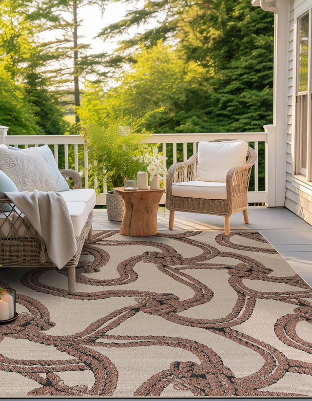 Beige 7' 10 x 7' 10 Outdoor Coastal Square Area Rug Weather Resistant for Patio, Deck, Terrace, Balcony, Porch 100% Polypropylene Coastal Decor Carpet for Sale at Rug Engine