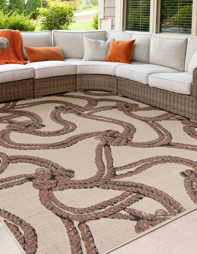 Beige 7' 10 x 7' 10 Outdoor Coastal Square Area Rug Weather Resistant for Patio, Deck, Terrace, Balcony, Porch 100% Polypropylene Coastal Decor Carpet for Sale at Rug Engine