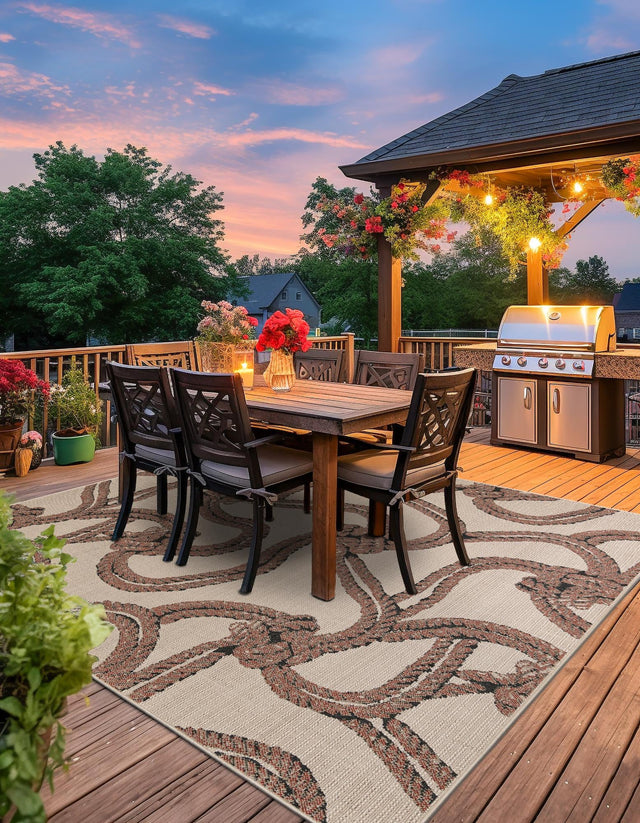 Beige 7' 10 x 7' 10 Outdoor Coastal Square Area Rug Weather Resistant for Patio, Deck, Terrace, Balcony, Porch 100% Polypropylene Coastal Decor Carpet for Sale at Rug Engine