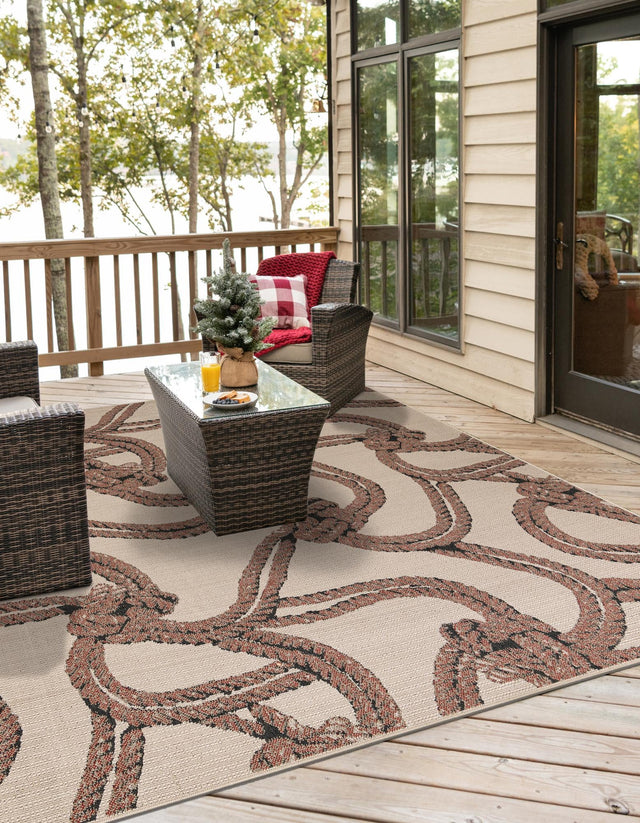 Beige 7' 10 x 7' 10 Outdoor Coastal Square Area Rug Weather Resistant for Patio, Deck, Terrace, Balcony, Porch 100% Polypropylene Coastal Decor Carpet for Sale at Rug Engine