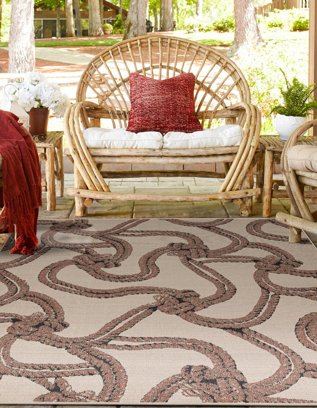 Beige 7' 10 x 7' 10 Outdoor Coastal Square Area Rug Weather Resistant for Patio, Deck, Terrace, Balcony, Porch 100% Polypropylene Coastal Decor Carpet for Sale at Rug Engine
