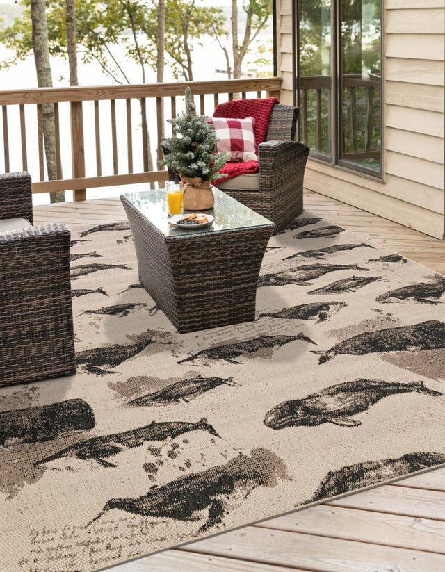 Beige 7' 10 x 7' 10 Outdoor Coastal Square Area Rug Weather Resistant for Patio, Deck, Terrace, Balcony, Porch 100% Polypropylene Coastal Decor Carpet for Sale at Rug Engine