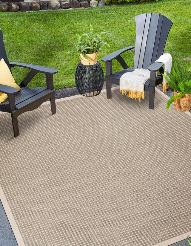 Brown 7' 10 x 7' 10 Outdoor Border Square Area Rug Weather Resistant for Patio, Deck, Terrace, Balcony, Porch 100% Polypropylene Classic Bordered Carpet for Sale at Rug Engine