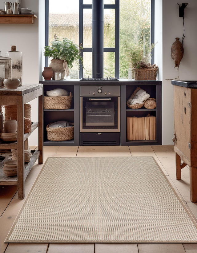 Beige 4' 1 x 6' 1 Outdoor Border Rectangle Area Rug Weather Resistant for Patio, Deck, Terrace, Balcony, Porch 100% Polypropylene Classic Bordered Carpet for Sale at Rug Engine