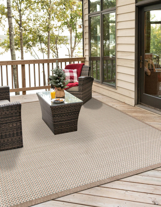 Beige 7' 10 x 7' 10 Outdoor Border Square Area Rug Weather Resistant for Patio, Deck, Terrace, Balcony, Porch 100% Polypropylene Classic Bordered Carpet for Sale at Rug Engine