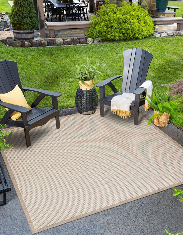 Beige 7' 10 x 7' 10 Outdoor Border Square Area Rug Weather Resistant for Patio, Deck, Terrace, Balcony, Porch 100% Polypropylene Classic Bordered Carpet for Sale at Rug Engine