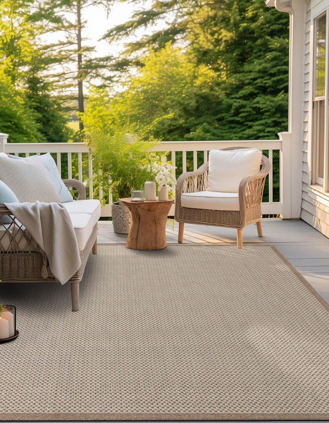 Beige 7' 10 x 7' 10 Outdoor Border Square Area Rug Weather Resistant for Patio, Deck, Terrace, Balcony, Porch 100% Polypropylene Classic Bordered Carpet for Sale at Rug Engine