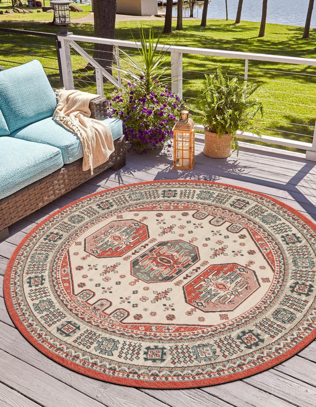 Multicolor 7' 10 x 7' 10 Outdoor Traditional Round Area Rug Weather Resistant for Patio, Deck, Terrace, Balcony, Porch Classical Design Outside Carpet for Sale at Rug Engine