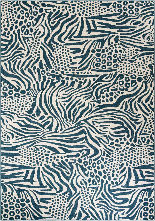 Navy Blue and Ivory 10' x 14' 1 Outdoor Safari Rectangle Area Rug Weather Resistant for Patio, Deck, Terrace, Balcony, Porch Animal Print Wildlife Nature Carpet for Sale at Rug Engine