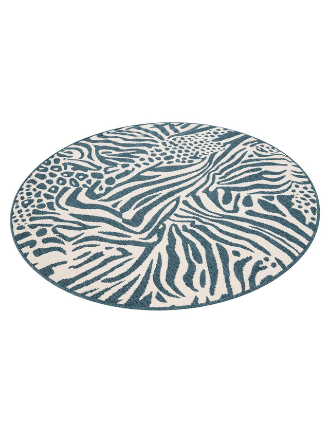 Navy Blue and Ivory 5' 1 x 5' 1 Outdoor Safari Round Area Rug Weather Resistant for Patio, Deck, Terrace, Balcony, Porch Animal Print Wildlife Nature Carpet for Sale at Rug Engine