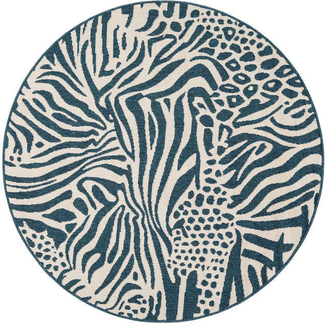 Navy Blue and Ivory 5' 1 x 5' 1 Outdoor Safari Round Area Rug Weather Resistant for Patio, Deck, Terrace, Balcony, Porch Animal Print Wildlife Nature Carpet for Sale at Rug Engine