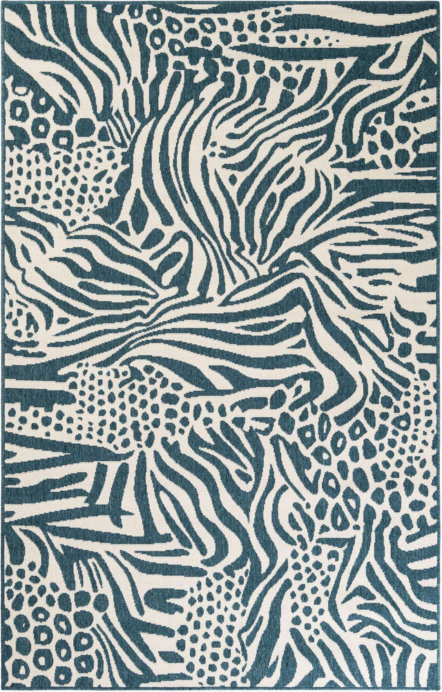 Navy Blue and Ivory 5' 1 x 8' Outdoor Safari Rectangle Area Rug Weather Resistant for Patio, Deck, Terrace, Balcony, Porch Animal Print Wildlife Nature Carpet for Sale at Rug Engine