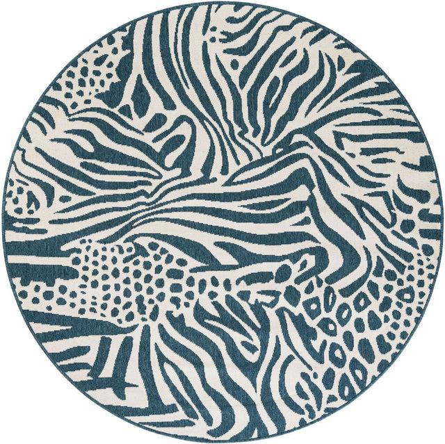 Navy Blue and Ivory 6' 1 x 6' 1 Outdoor Safari Round Area Rug Weather Resistant for Patio, Deck, Terrace, Balcony, Porch Animal Print Wildlife Nature Carpet for Sale at Rug Engine
