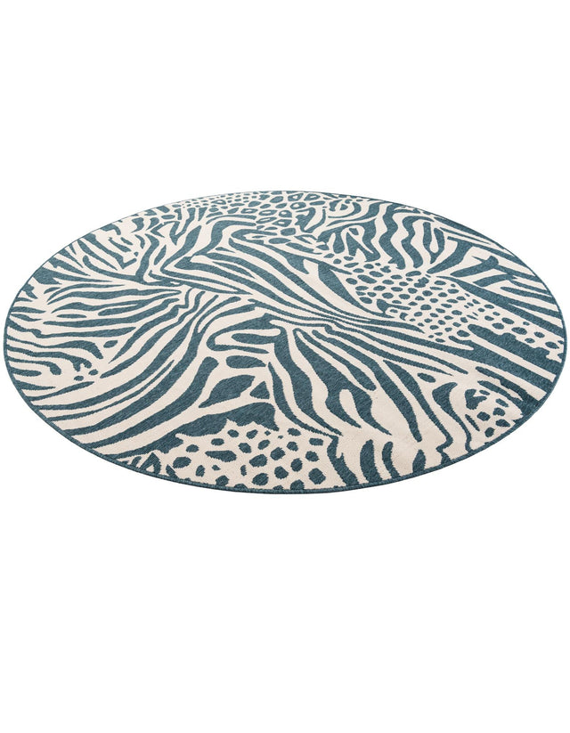 Navy Blue and Ivory 7' 10 x 7' 10 Outdoor Safari Round Area Rug Weather Resistant for Patio, Deck, Terrace, Balcony, Porch Animal Print Wildlife Nature Carpet for Sale at Rug Engine