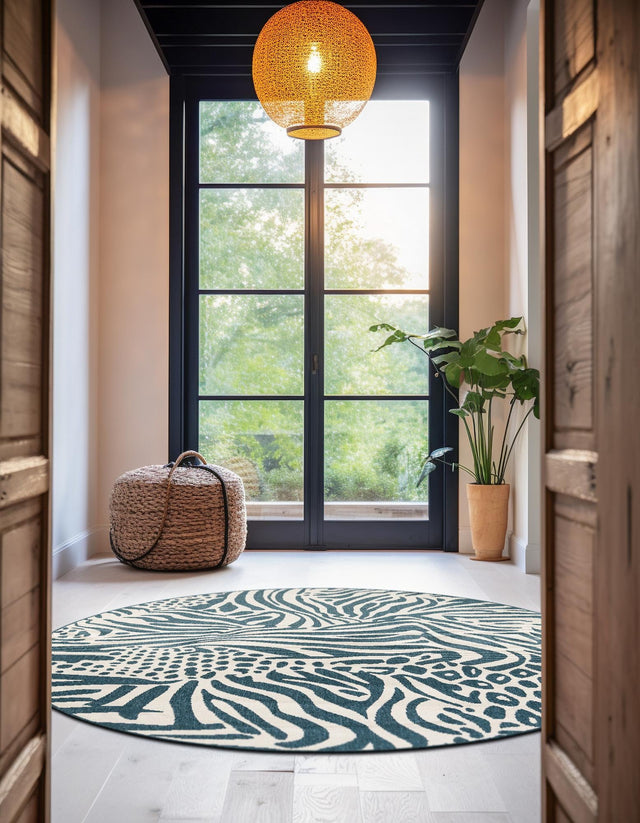 Navy Blue and Ivory 4' 1 x 4' 1 Outdoor Safari Round Area Rug Weather Resistant for Patio, Deck, Terrace, Balcony, Porch Animal Print Wildlife Nature Carpet for Sale at Rug Engine