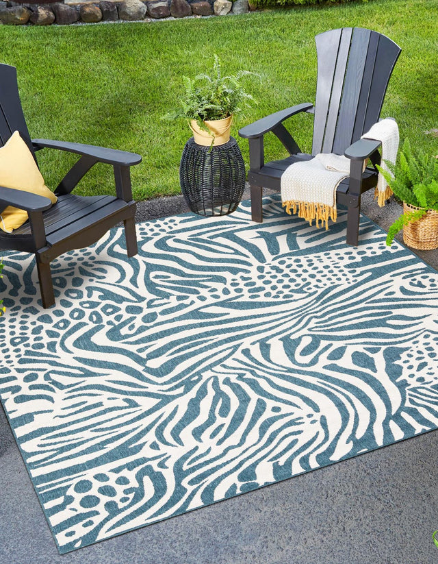 Navy Blue and Ivory 7' 10 x 7' 10 Outdoor Safari Square Area Rug Weather Resistant for Patio, Deck, Terrace, Balcony, Porch Animal Print Wildlife Nature Carpet for Sale at Rug Engine