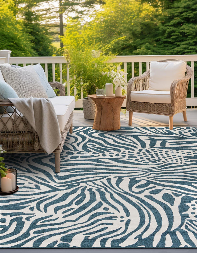 Navy Blue and Ivory 7' 10 x 7' 10 Outdoor Safari Square Area Rug Weather Resistant for Patio, Deck, Terrace, Balcony, Porch Animal Print Wildlife Nature Carpet for Sale at Rug Engine