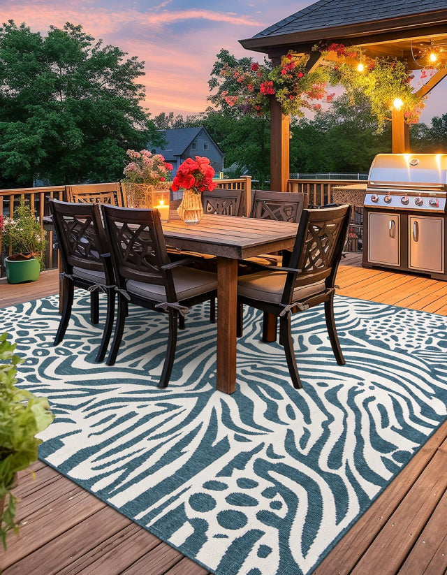 Navy Blue and Ivory 7' 10 x 7' 10 Outdoor Safari Square Area Rug Weather Resistant for Patio, Deck, Terrace, Balcony, Porch Animal Print Wildlife Nature Carpet for Sale at Rug Engine
