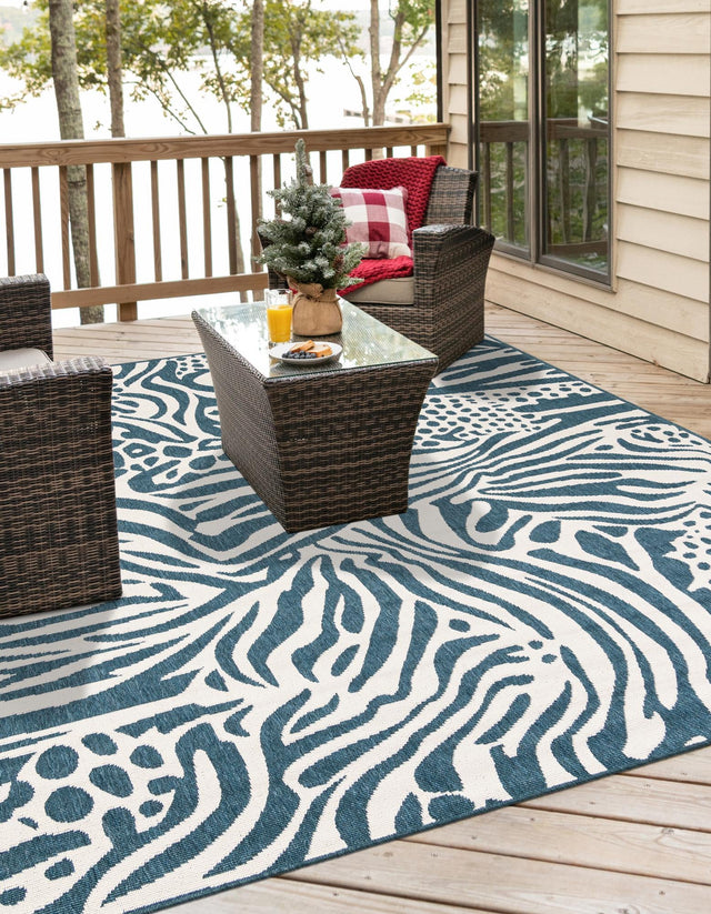 Navy Blue and Ivory 7' 10 x 7' 10 Outdoor Safari Square Area Rug Weather Resistant for Patio, Deck, Terrace, Balcony, Porch Animal Print Wildlife Nature Carpet for Sale at Rug Engine