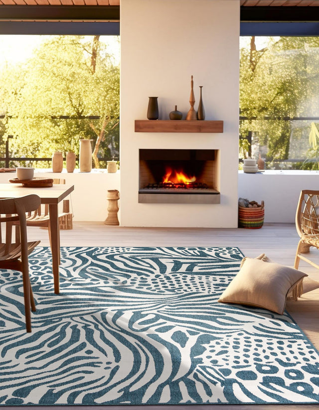 Navy Blue and Ivory 7' 10 x 7' 10 Outdoor Safari Square Area Rug Weather Resistant for Patio, Deck, Terrace, Balcony, Porch Animal Print Wildlife Nature Carpet for Sale at Rug Engine