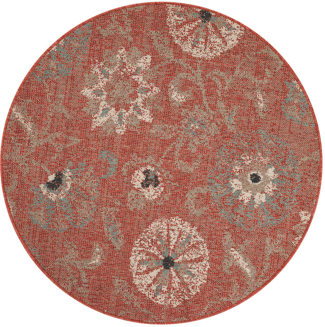 Terracotta 4' 1 x 4' 1 Outdoor Botanical Round Area Rug Weather Resistant for Patio, Deck, Terrace, Balcony, Porch Polypropylene Garden Floral Tropical Carpet for Sale at Rug Engine