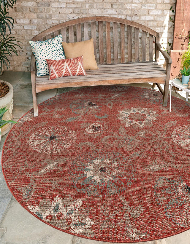 Terracotta 6' 1 x 6' 1 Outdoor Botanical Round Area Rug Weather Resistant for Patio, Deck, Terrace, Balcony, Porch Polypropylene Garden Floral Tropical Carpet for Sale at Rug Engine