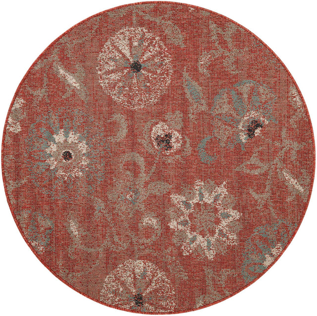 Terracotta 5' 1 x 5' 1 Outdoor Botanical Round Area Rug Weather Resistant for Patio, Deck, Terrace, Balcony, Porch Polypropylene Garden Floral Tropical Carpet for Sale at Rug Engine