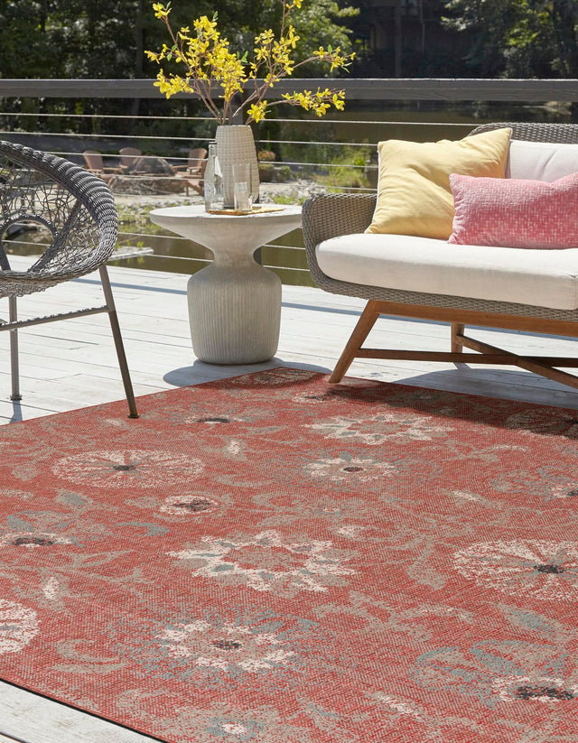 Terracotta 7' 10 x 7' 10 Outdoor Botanical Square Area Rug Weather Resistant for Patio, Deck, Terrace, Balcony, Porch Polypropylene Garden Floral Tropical Carpet for Sale at Rug Engine