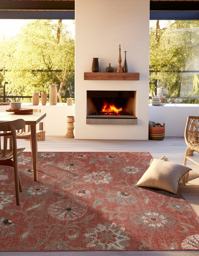 Terracotta 7' 10 x 7' 10 Outdoor Botanical Square Area Rug Weather Resistant for Patio, Deck, Terrace, Balcony, Porch Polypropylene Garden Floral Tropical Carpet for Sale at Rug Engine