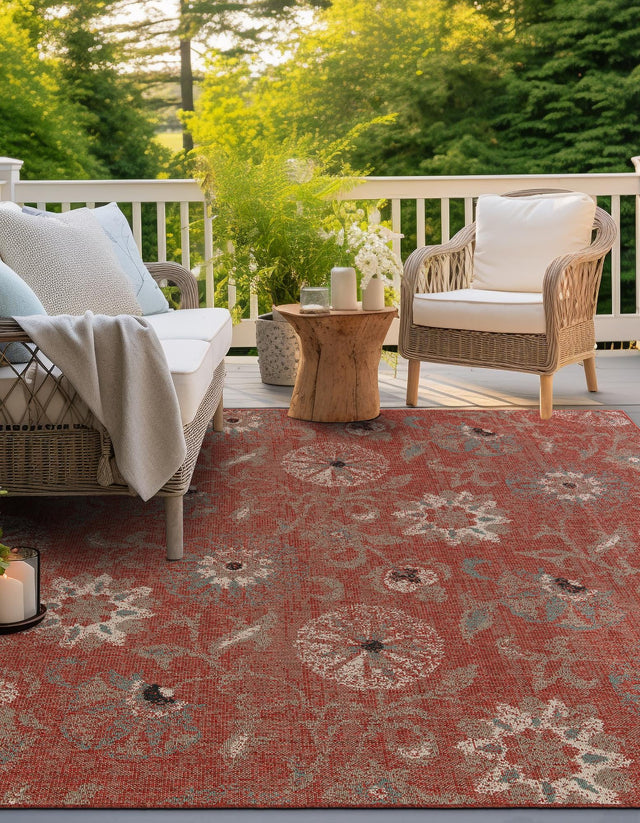 Terracotta 7' 10 x 7' 10 Outdoor Botanical Square Area Rug Weather Resistant for Patio, Deck, Terrace, Balcony, Porch Polypropylene Garden Floral Tropical Carpet for Sale at Rug Engine