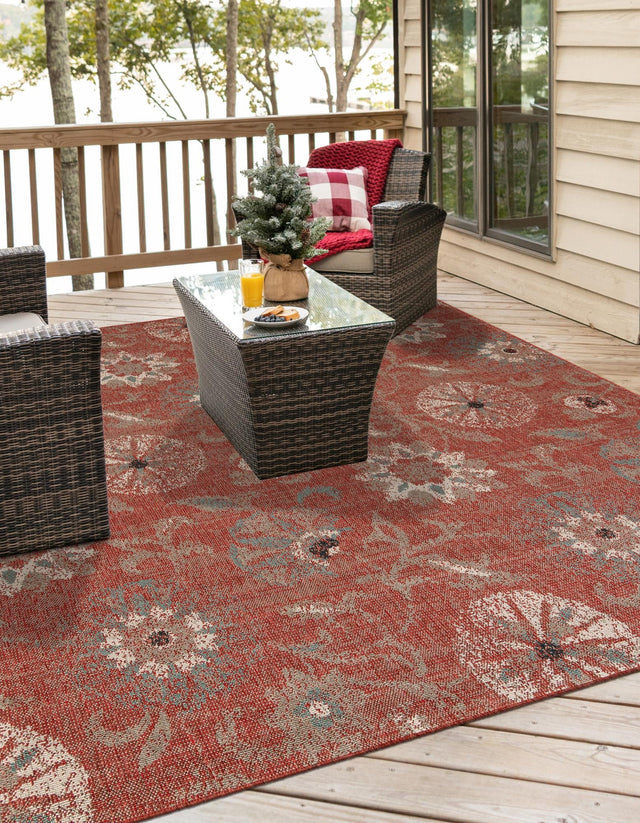 Terracotta 7' 10 x 7' 10 Outdoor Botanical Square Area Rug Weather Resistant for Patio, Deck, Terrace, Balcony, Porch Polypropylene Garden Floral Tropical Carpet for Sale at Rug Engine