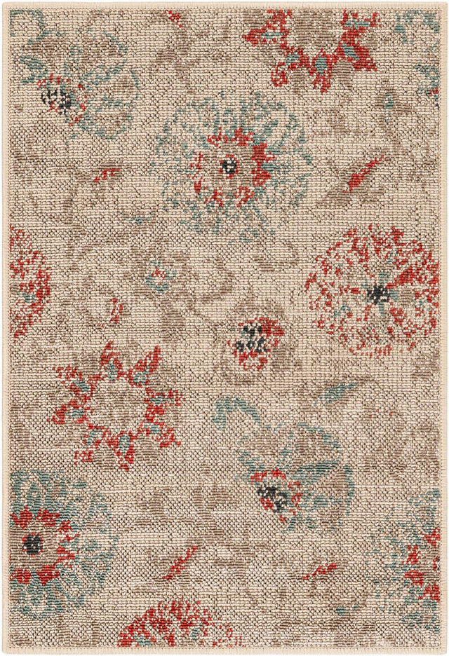 Beige 2' x 3' 1 Outdoor Botanical Rectangle Area Rug Weather Resistant for Patio, Deck, Terrace, Balcony, Porch Polypropylene Garden Floral Tropical Carpet for Sale at Rug Engine