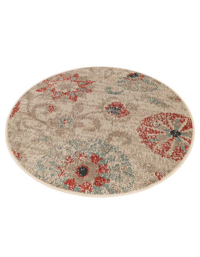 Beige 3' 1 x 3' 1 Outdoor Botanical Round Area Rug Weather Resistant for Patio, Deck, Terrace, Balcony, Porch Polypropylene Garden Floral Tropical Carpet for Sale at Rug Engine