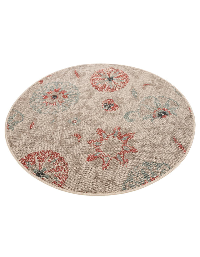 Beige 4' 1 x 4' 1 Outdoor Botanical Round Area Rug Weather Resistant for Patio, Deck, Terrace, Balcony, Porch Polypropylene Garden Floral Tropical Carpet for Sale at Rug Engine