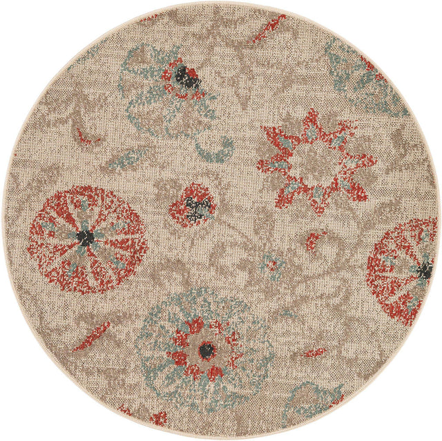 Beige 4' 1 x 4' 1 Outdoor Botanical Round Area Rug Weather Resistant for Patio, Deck, Terrace, Balcony, Porch Polypropylene Garden Floral Tropical Carpet for Sale at Rug Engine