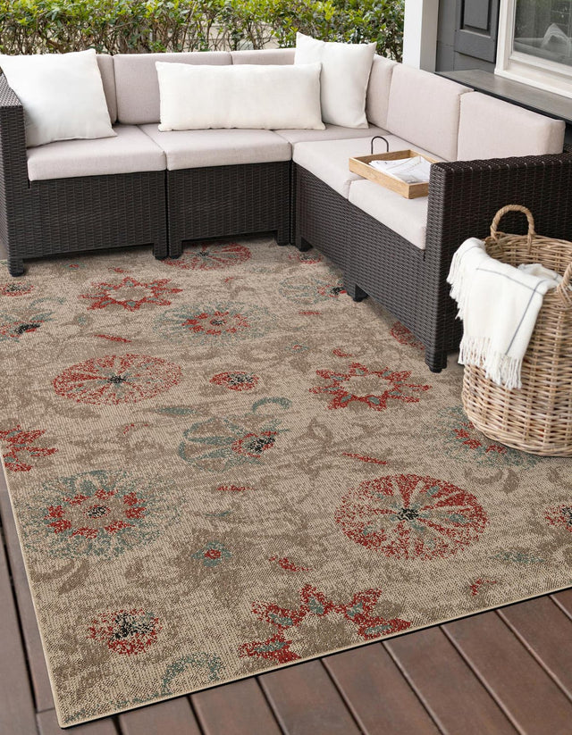 Beige 5' 1 x 8' Outdoor Botanical Rectangle Area Rug Weather Resistant for Patio, Deck, Terrace, Balcony, Porch Polypropylene Garden Floral Tropical Carpet for Sale at Rug Engine