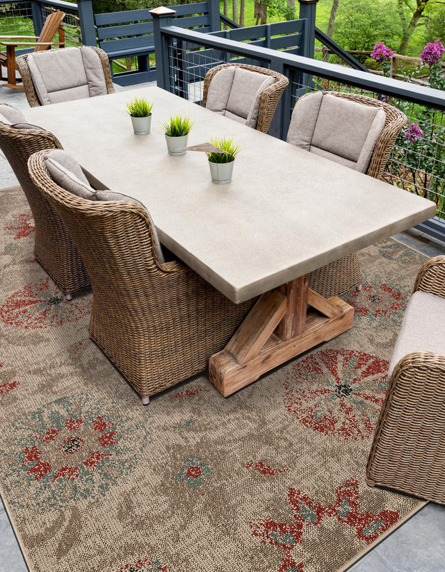 Beige 9' x 12' Outdoor Botanical Rectangle Area Rug Weather Resistant for Patio, Deck, Terrace, Balcony, Porch Polypropylene Garden Floral Tropical Carpet for Sale at Rug Engine