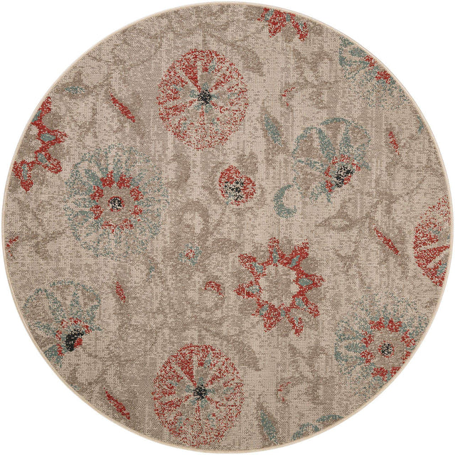 Beige 6' 1 x 6' 1 Outdoor Botanical Round Area Rug Weather Resistant for Patio, Deck, Terrace, Balcony, Porch Polypropylene Garden Floral Tropical Carpet for Sale at Rug Engine